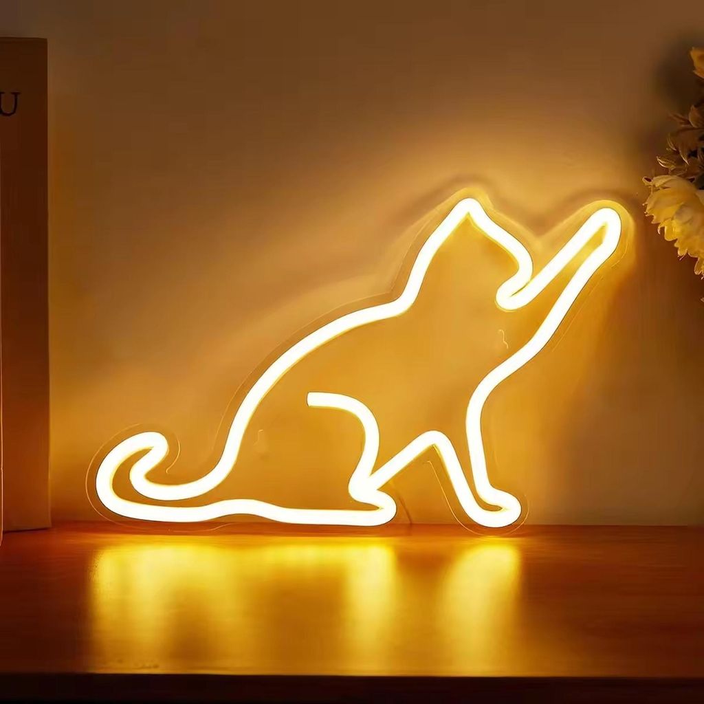 NEON LED Licht, dekorative Wand-Leuchte, Katze spielend, warmes Licht, ca. 34 x 22 x 2 cm