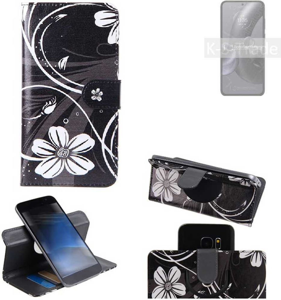 K-S-Trade Schutzhülle Handyhülle kompatibel mit Motorola Edge 30 Neo Hülle 360° Wallet Case ''Flowers'' Klapphülle Hülle schwarz-weiß 1x
