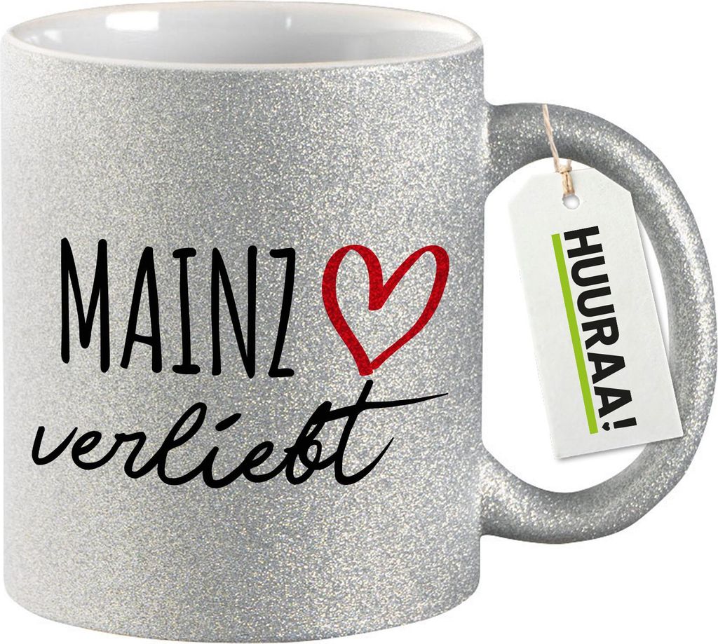 Huuraa Glitzertasse Mainz verliebt 330ml Silber Keramik Kaffeebecher Geschenkidee