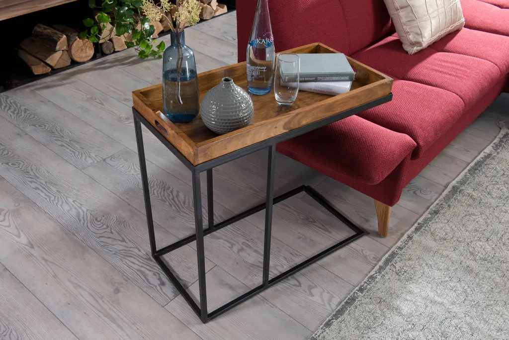 Table de service Sheesham massif FineBuy avec structure métal industriel