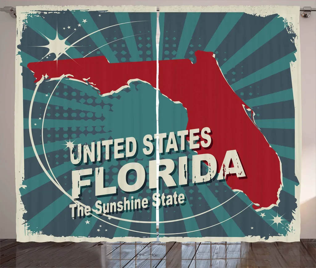 ABAKUHAUS Florida Tenda rustica, mappa retrò della città vecchia degli Stati Uniti, tenda con nastro arricciato per camera da letto con passanti e ganci, 280 x 245 cm, multicolore