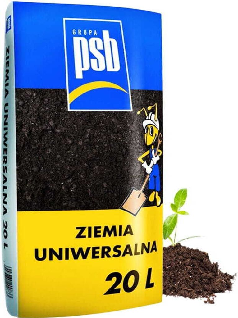 A bag of universal garden soil with a cartoon ant character holding a shovel.