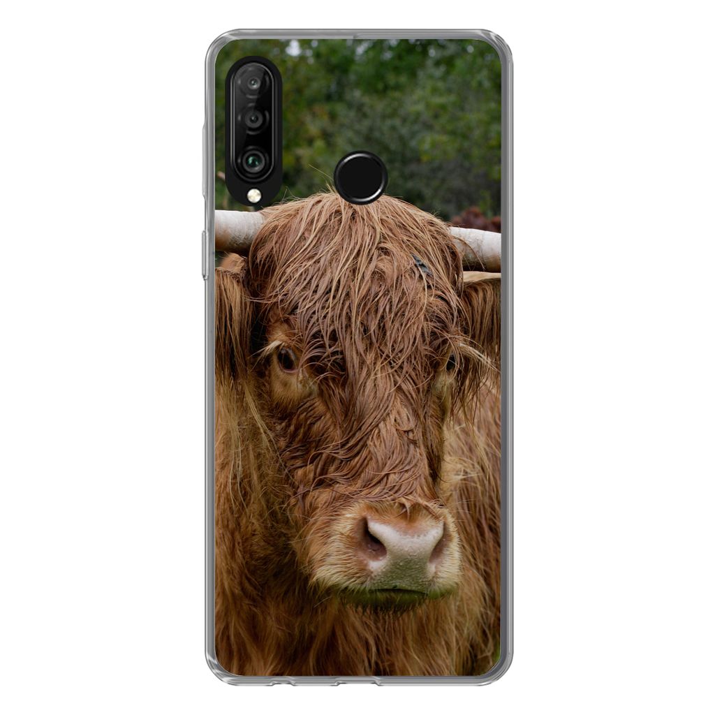 MuchoWow Handyhülle Schutzhülle Hülle für Huawei P30 Lite Schottische Highlander - Tiere - Gras Silikon Softcase Handy Hülle - Handyhülle