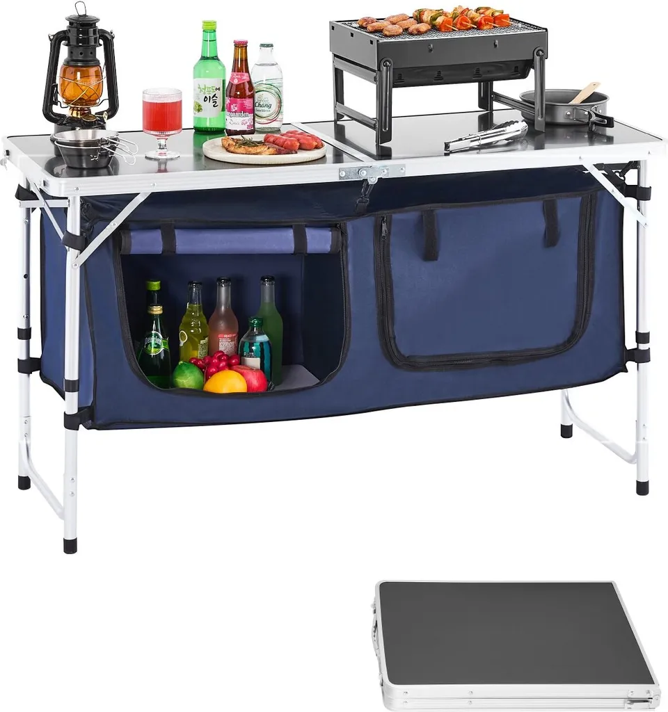 Tavolo Cucina Campeggio Alluminio 120cm Blu - 3 Livelli Altezza