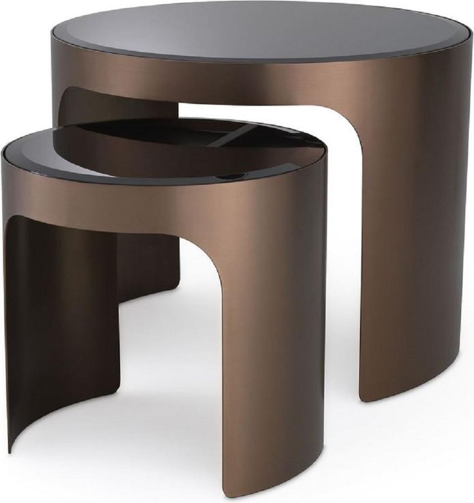 Casa Padrino Luxus Beistelltisch Set Kupferfarben / Schwarz - 2 runde Edelstahl Tische mit abgeschrägten Glasplatten - Luxus Wohnzimmer Möbel