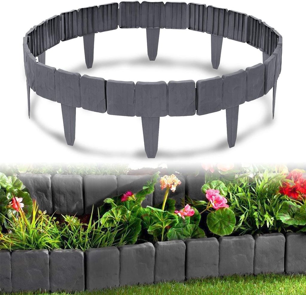 YUENFONG Rasenkante Kunststoff 5m Steinoptik Garden Border aus Polypropylen, Palisade Garten dekorativ, 1 Element BxHxT: 25x23x1 cm, Anthrazit