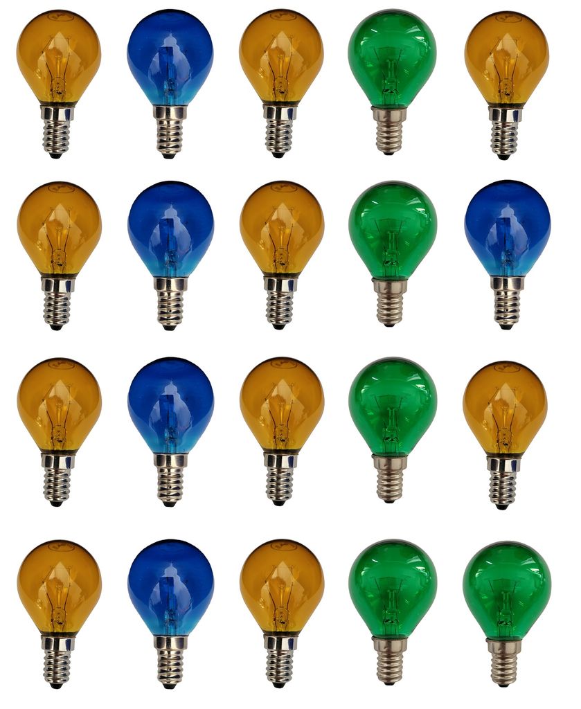 20x Glühlampe Glühbirne Kugel E14 Klar 25W 25 Watt 10x Gelb 5x Blau 5x Grün