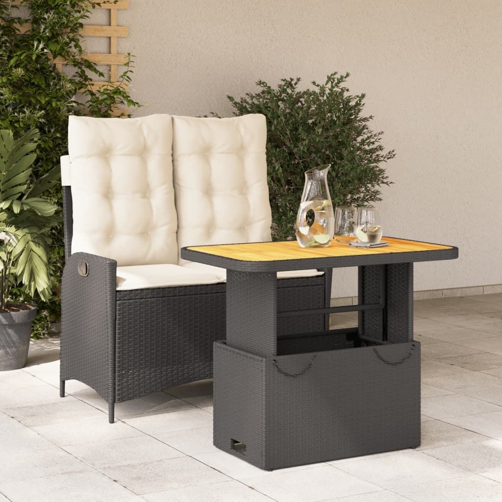 Design 2-tlg. Garten-Essgruppe mit Kissen Schwarz Poly Rattan, Gartenmöbel-Sets 2024 Neu