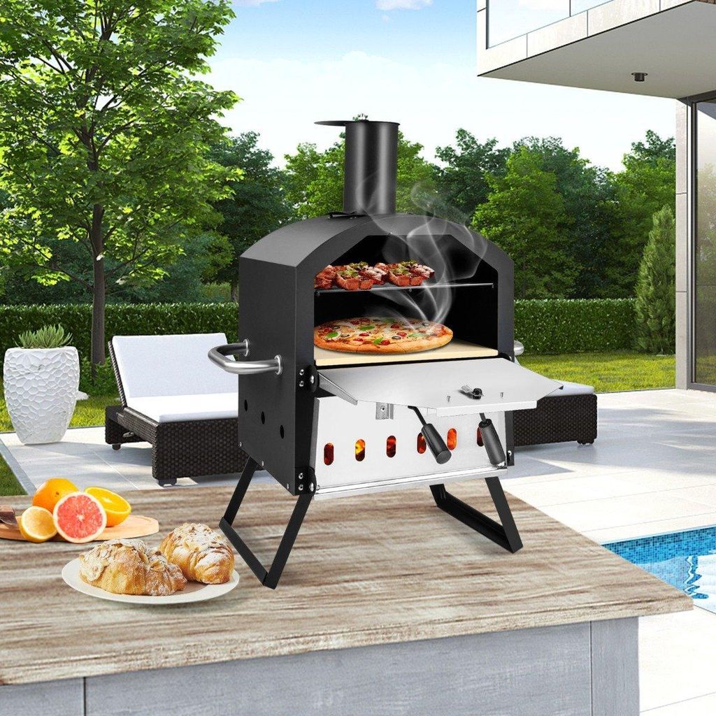 2-lagigem Pizza Ofen mit Grillrost & Pizzastein & Pizzaschaufel & Wasserdichter Abdeckung
