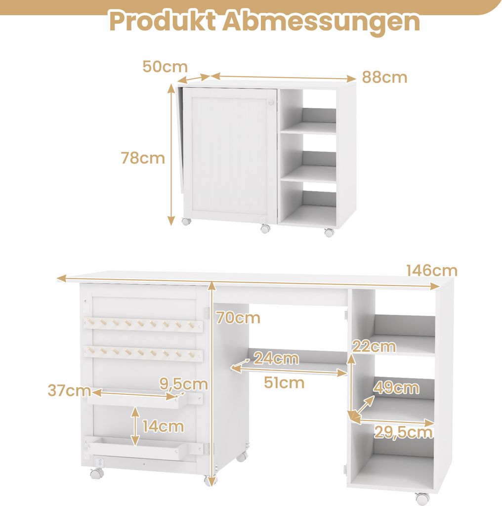 COSTWAY Klappbarer Nähtisch, multifunktionale Produktbild 6