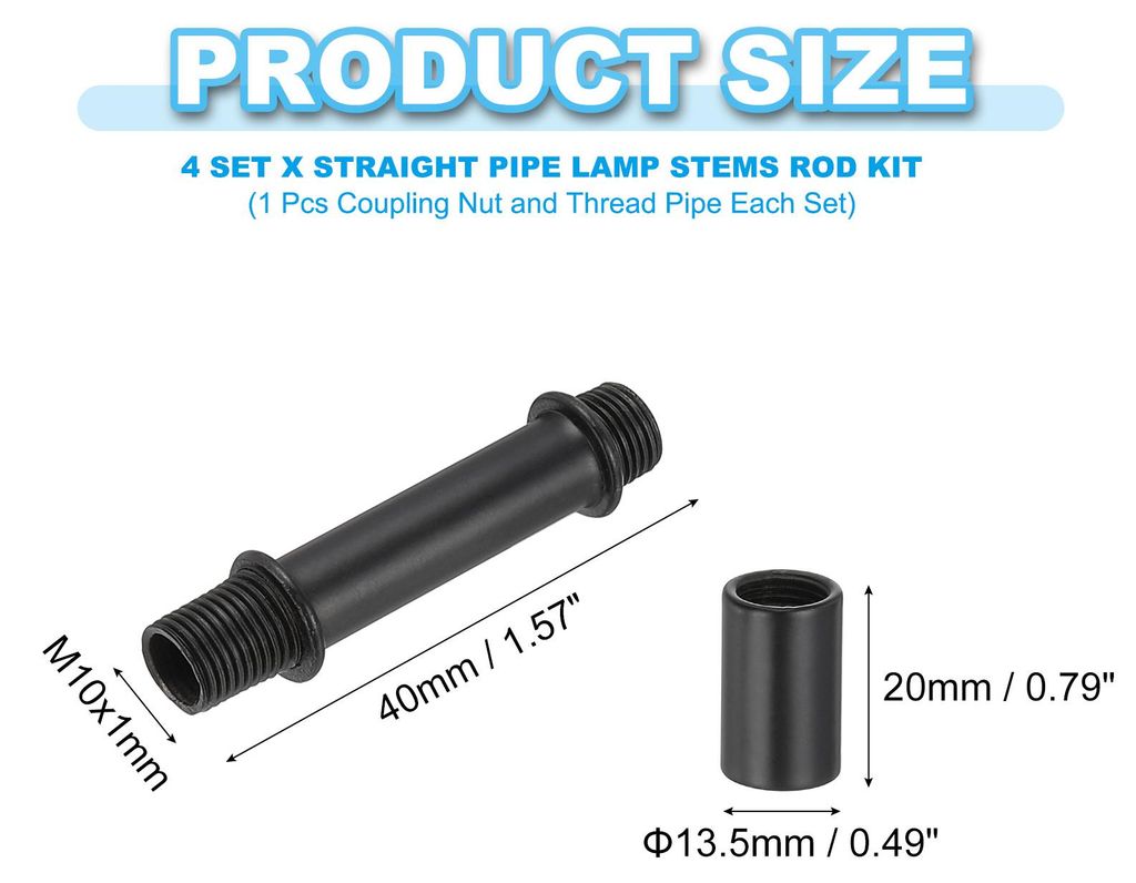 Gerades Rohr-Lampen-Stiel-Set, Lampenstiel 4 Stš¹ck M10 Kohlenstoffstahl 40mm (1,57") lang Doppelseitiges Gewinderohr mit Kupplungsmutterhš¹lse...