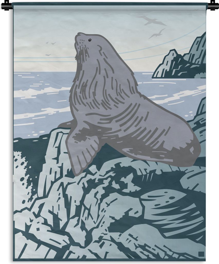 MuchoWow Wandteppich Wandbehang Eine Illustration eines Seelöwen auf den Felsen 150x200 cm Tapisserie Dekoration Wandtuch - Wandaufhängung - Mo...