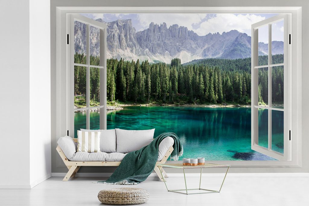 MuchoWow Fototapete für Wohnzimmer oder Schlafzimmer Wandtapete Vinyl Motivtapete Aussicht - Bäume - Wasser - 360x240 cm - Vinyl-Tapete