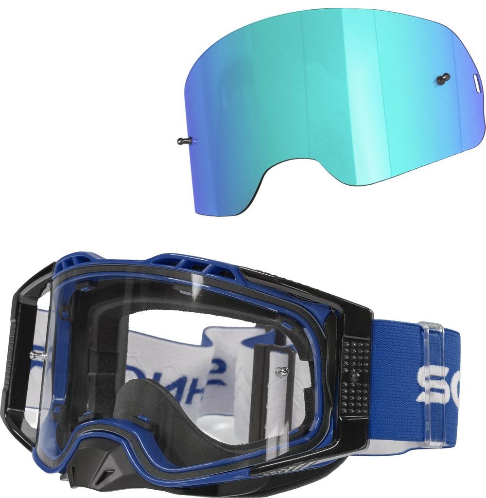 Schnorr MX Pro Blau - Motocross Brille | Transparentes Glas (S0), Anti-Fog, Tear-Off/Roll-Off mit Wechselglass verspiegelt Blau