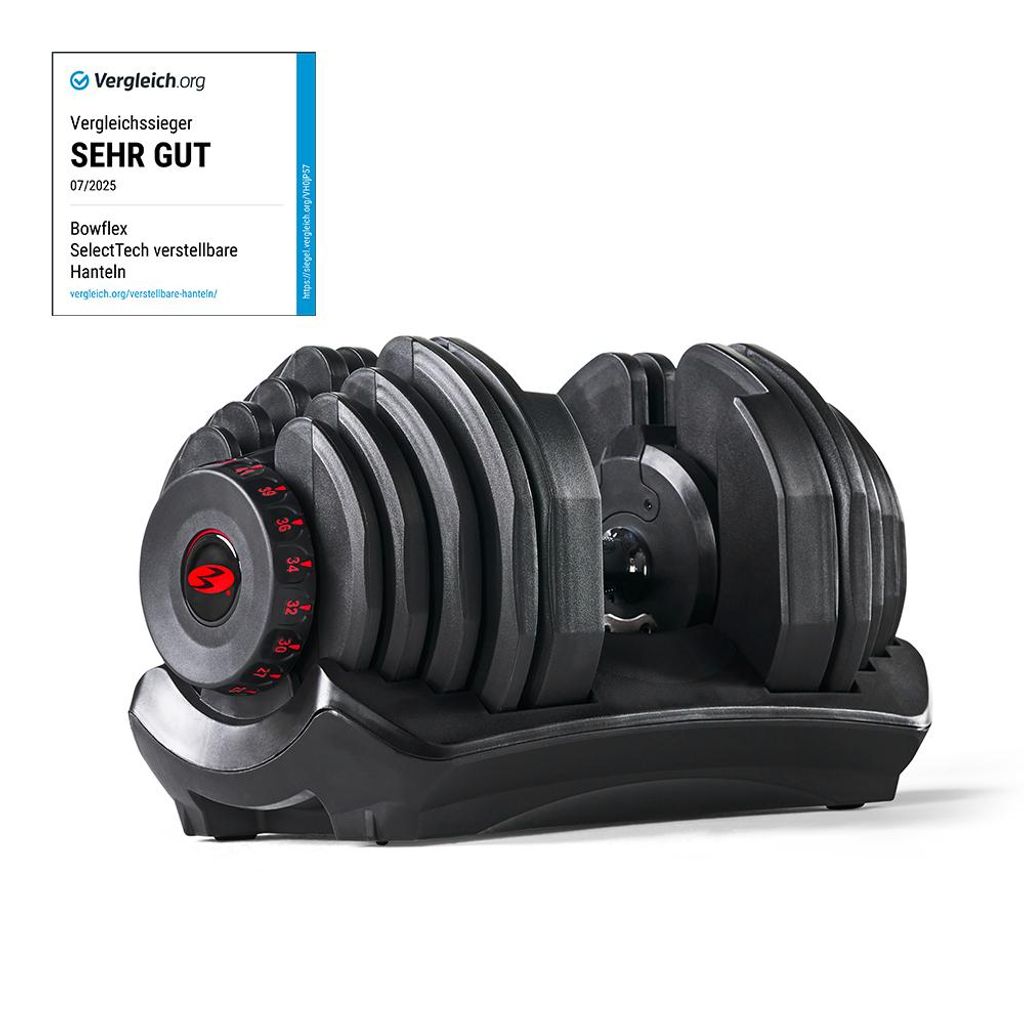 Bowflex SelectTech 1090i Kurzhantel neben dem Vergleich.org-Siegel (Sehr gut) auf weißem Hintergrund