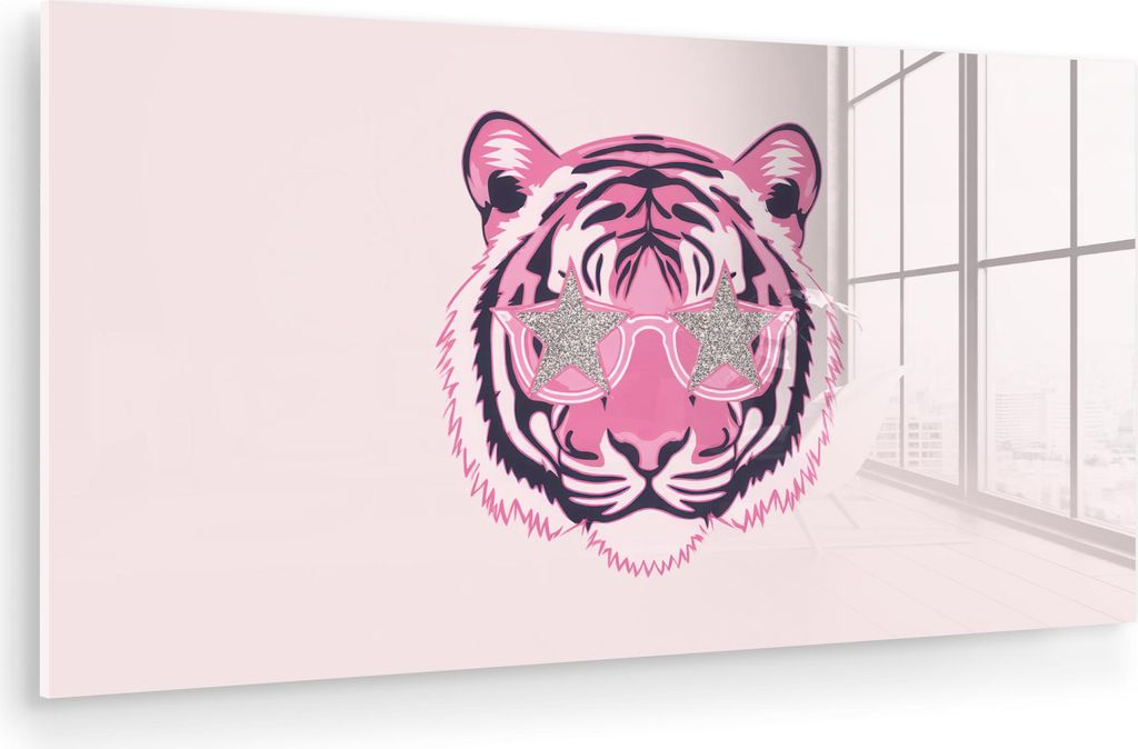 MuchoWow Glasbilder - Bilder auf Wandbild - Foto auf Glas Tiger - Glitzer-Sonnenbrille - Rosa 120x60 cm Wanddekoration aus Glas - Acrylglasbild - A...