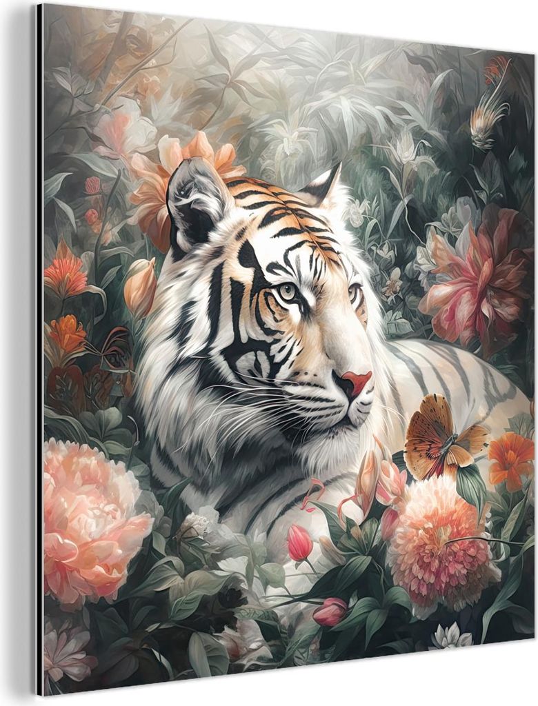 MuchoWow Wanddekoration Metall Metallbild Wandkunst 90x90 cm Tiger - Wildtiere - Blumen - Dschungel MuchoWow Aluminium Gemälde - Dekoration - Indu...