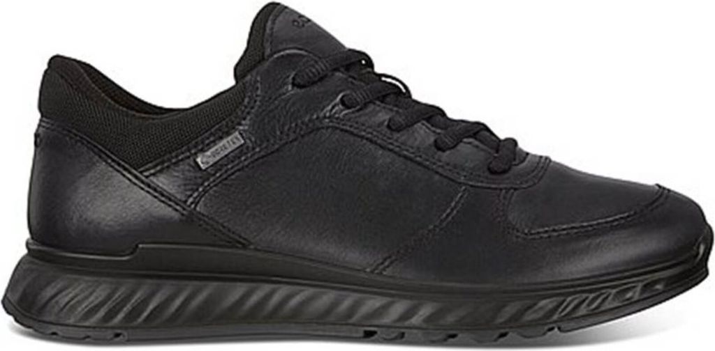 A black leather sneaker is shown from the side against a white background.