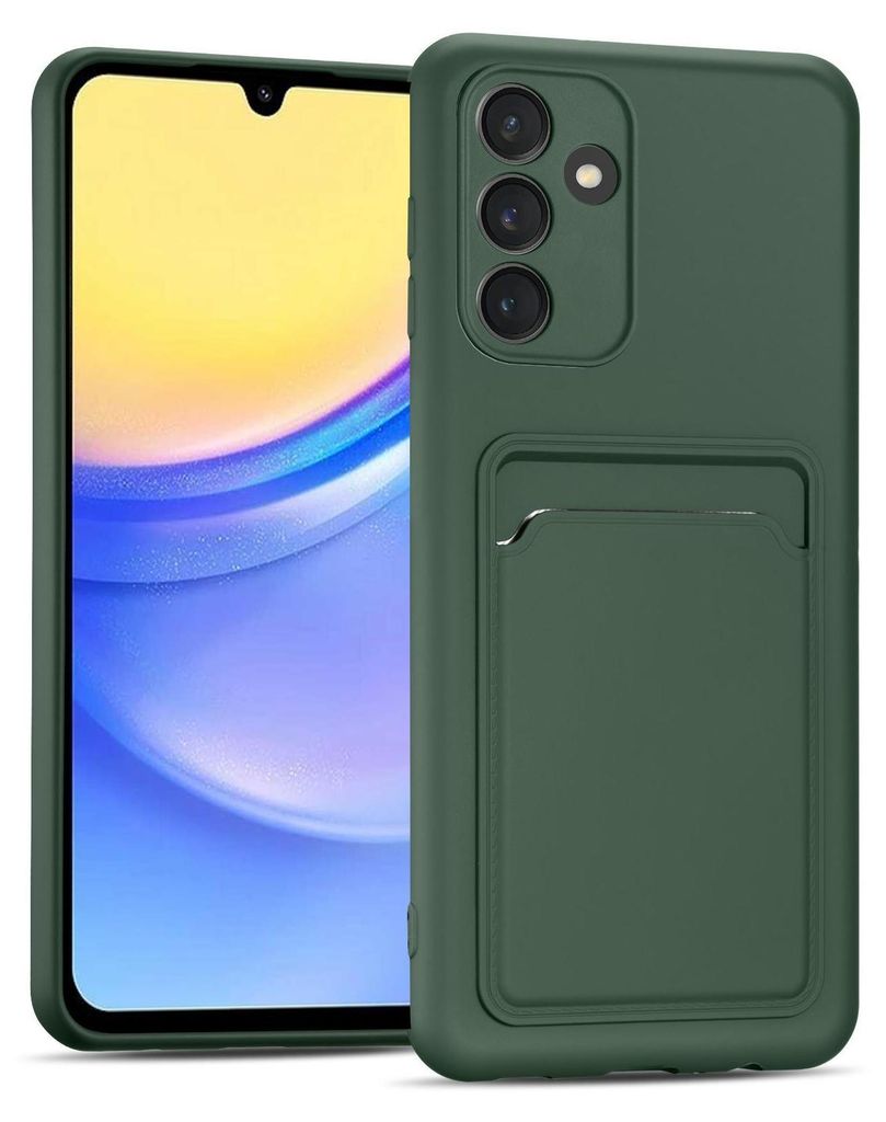 A green phone case with a card slot is shown next to a smartphone.