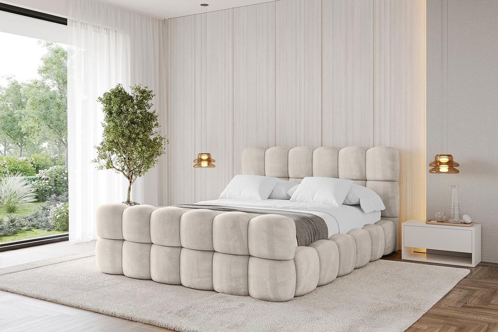 ALTDECOR Polsterbett mit Bettkasten, Fußteil und Lattenrost, Bett mit Kopfteil, Boxbett ohne Matratze, Doppelbett mit Stauraum - LEYA-Z 200x200 Beige