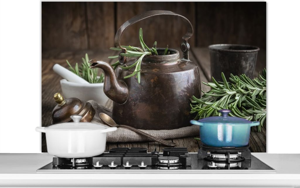 KitchenYeah Spritzschutz Küche - Küchenrückwand - Wandschutz für Herd und Spüle - Tee - Teekanne - Gewürze 100x65 - Alu-Dibond (Alternativ...