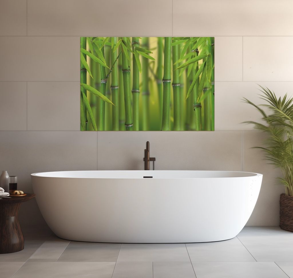 Wallario wasserfestes Poster selbstklebend 70 x 100 cm, Grüner Bambuswald, Badezimmerposter Spritzschutz mit Hochglanzoberfläche in Glasoptik