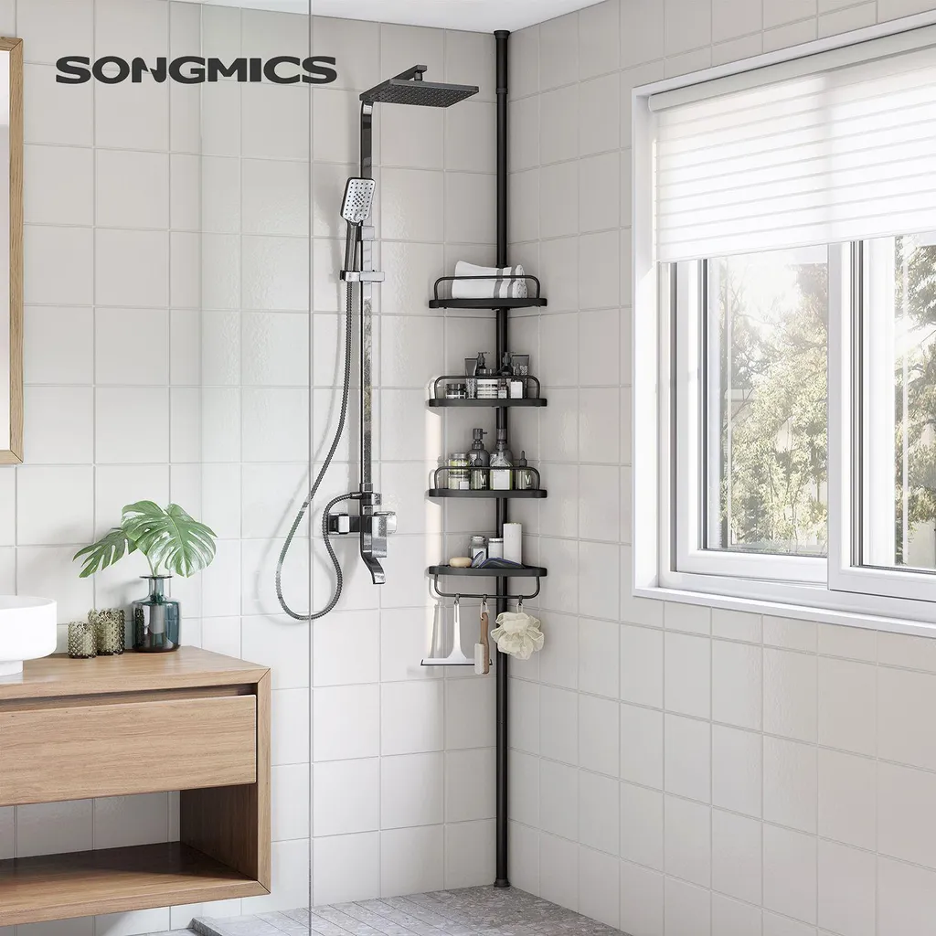 Organisation de douche d'angle noire 4 étages réglable pour salle de bain