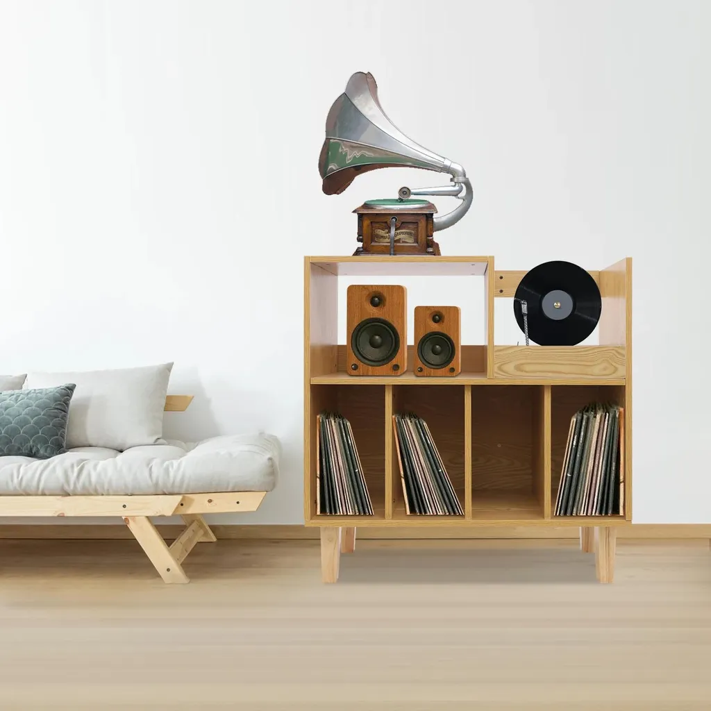 Meuble Vinyle Autoportant en Bois avec Compartiments LP et CD Design