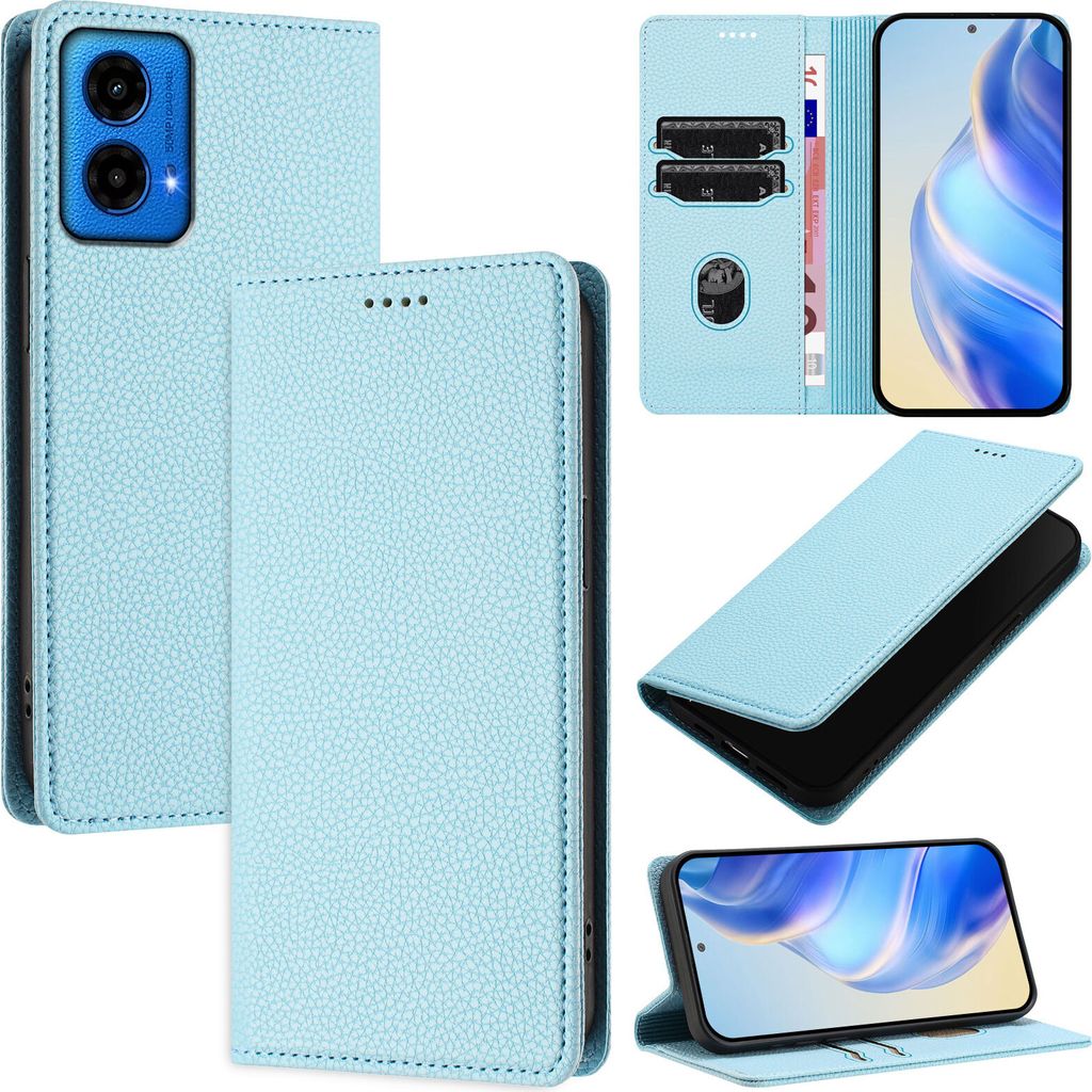 Litchi Leder Handyhülle für Motorola Moto G45 / G34 Wallet Kartenfächer Standfunktion Hülle Hellblau