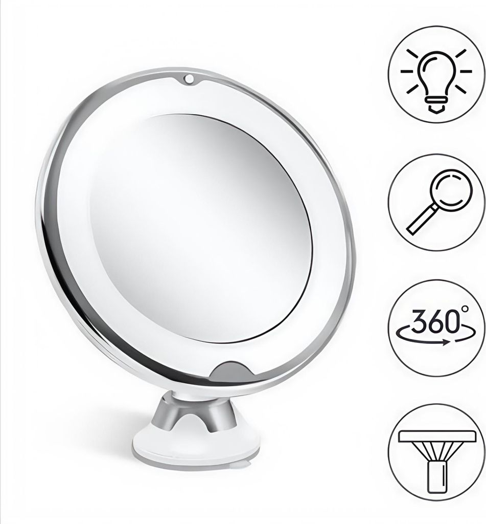 AIORBER Tragbar LED Kosmetikspiegel, Schminkspiegel mit 10-fach Vergrößerung, Schminkspiegel Beleuchtet, Saugnapf, 360° schwenkbares Design