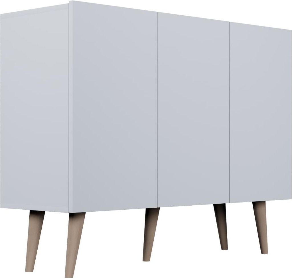 Kommode Toronto - Sideboard 120 cm - Skandinavisch Schrank 40 cm Tiefe mit Holz Füße und 3 Türen - Weiß