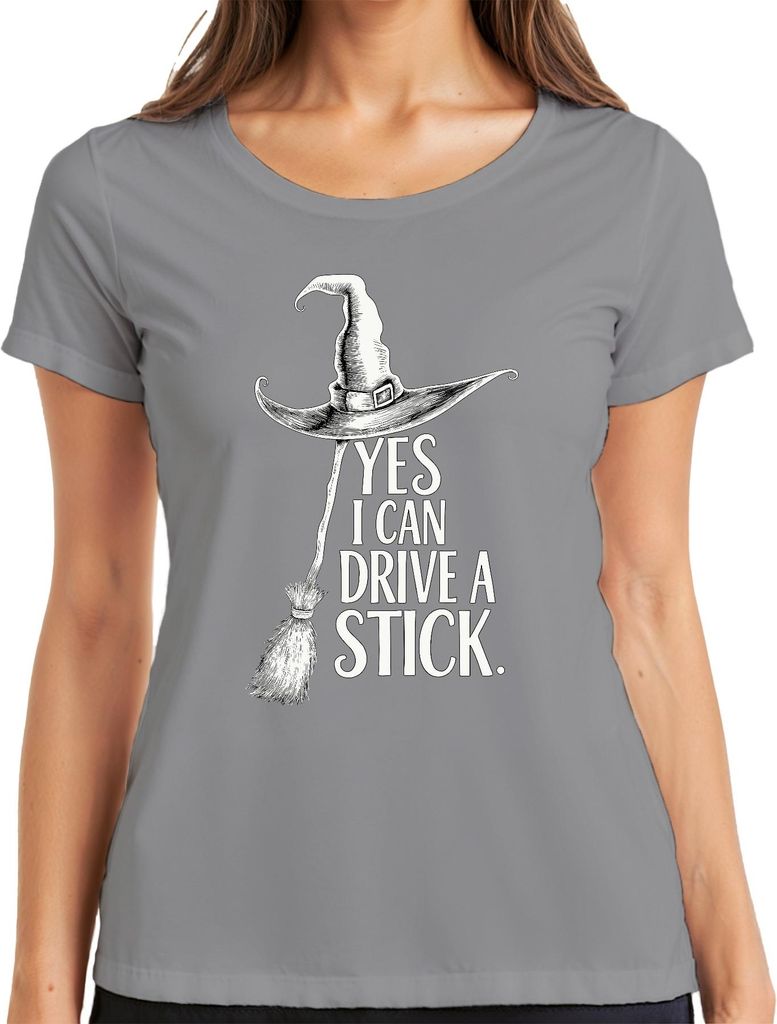 Yes I can drive a stick Hexe Besen Hexenhut lustig Halloween Damen T-Shirt, Grau, L