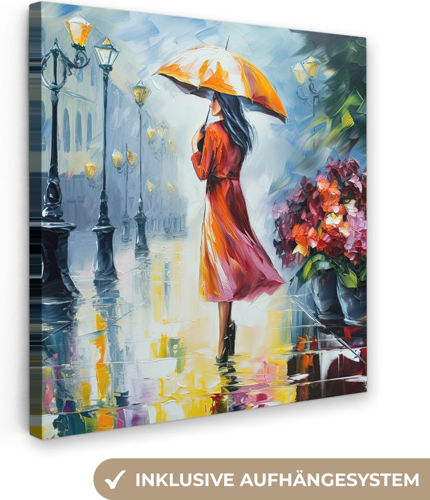 MuchoWow - Leinwandbilder - Ölgemälde - Regenschirm - Frau - Straße - Kunst, Wandbild, Wanddeko Bilder Wohnzimmer, 50x50 cm
