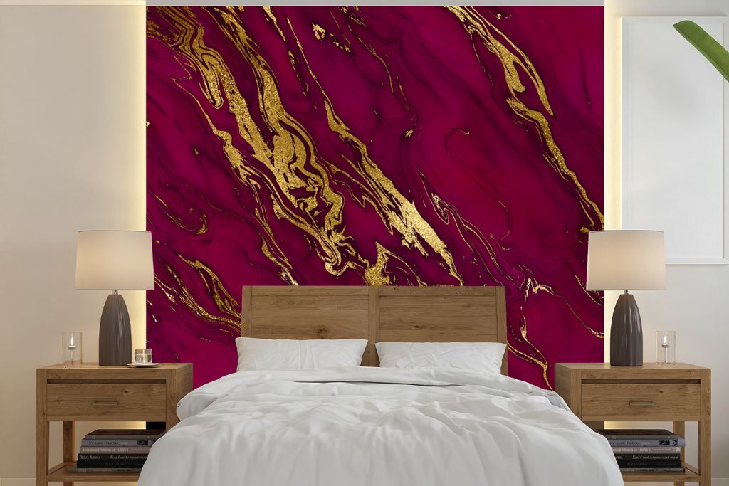 MuchoWow Fototapete für Wohnzimmer oder Schlafzimmer Wandtapete Vinyl Motivtapete Marmor - Rosa - Gold - Linie - 220x220 cm - Tapeten