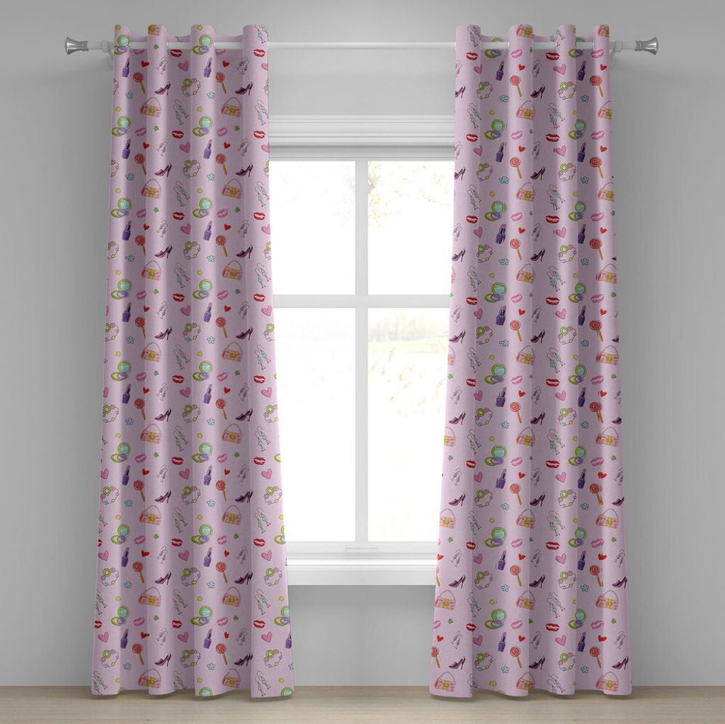 ABAKUHAUS Prinzessin Ösenvorhang, Nett Mädchen Illustration Mit Mode Accessoires Und Make Up Lollipop Flower Druck, Dekorative 2-Panel-Fenstervor...