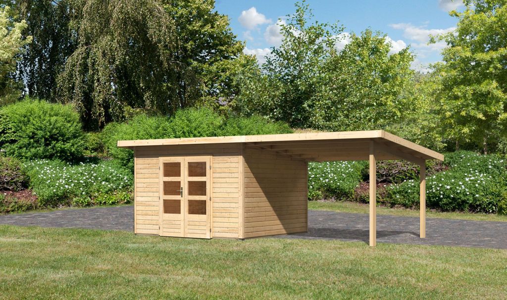 Karibu Gartenhaus Gerätehaus Northeim 3 im Set mit einem Anbaudach Breite 3,3 m naturbelassen 604x309x229,5 cm