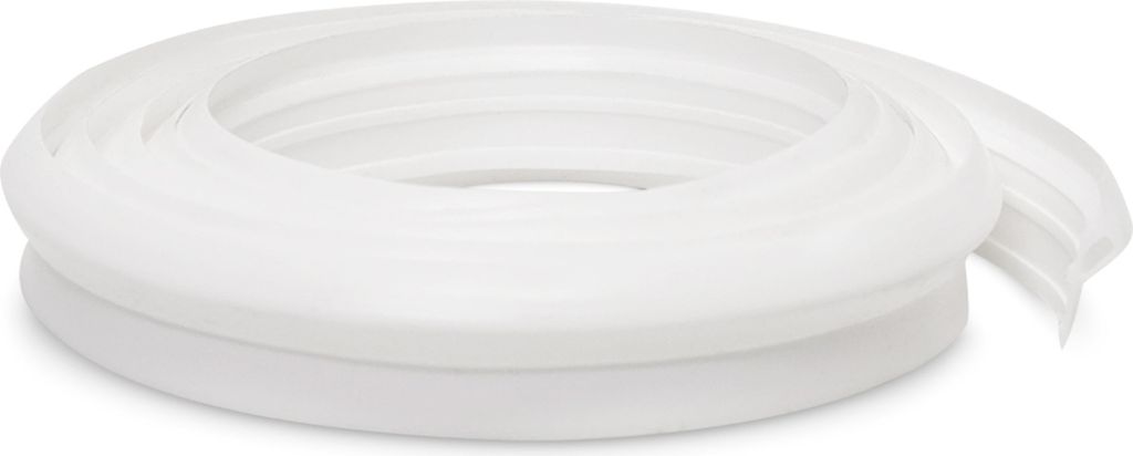A coiled white PVC window sill seal strip.
