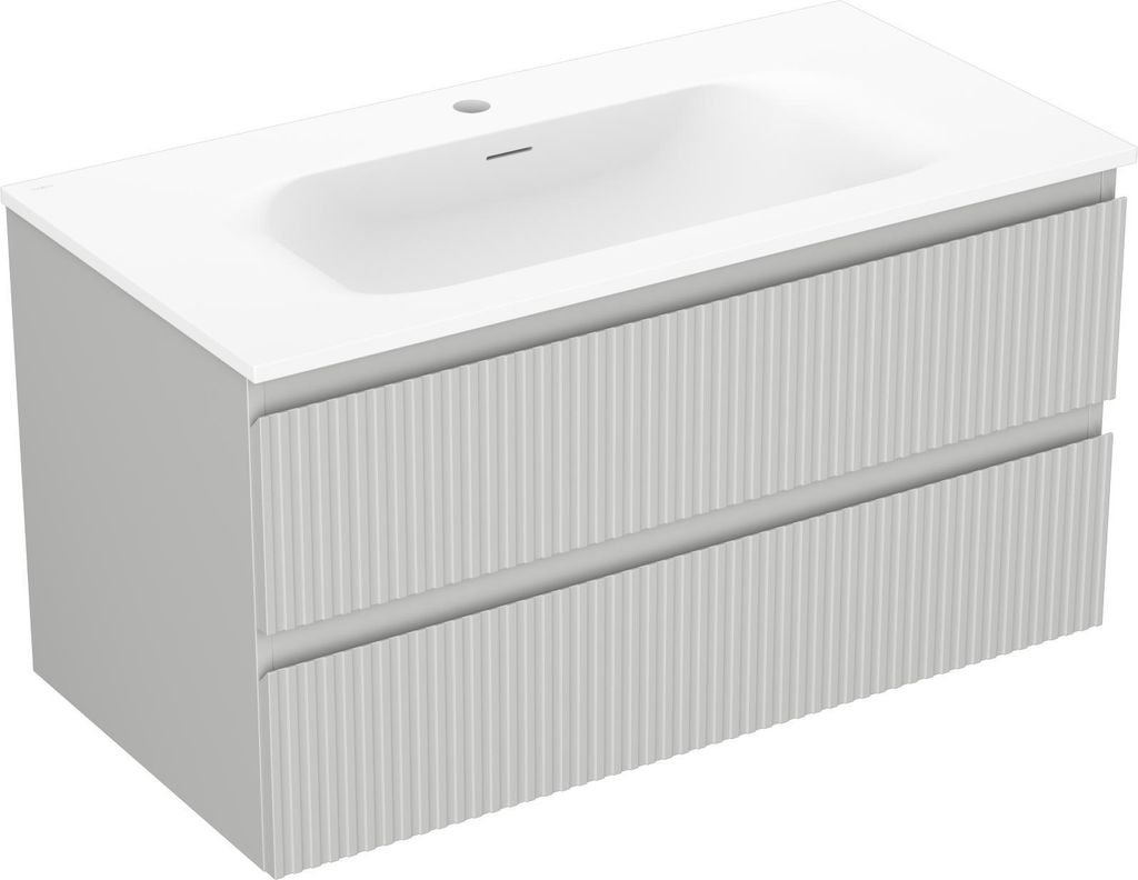 Mexen Rivel Badezimmerschrank 90 cm mit Waschbecken Vela, 2 Schubladen, gerillt, grau matt/weiß matt - 91A20-09047-2-BFF62-W23M?