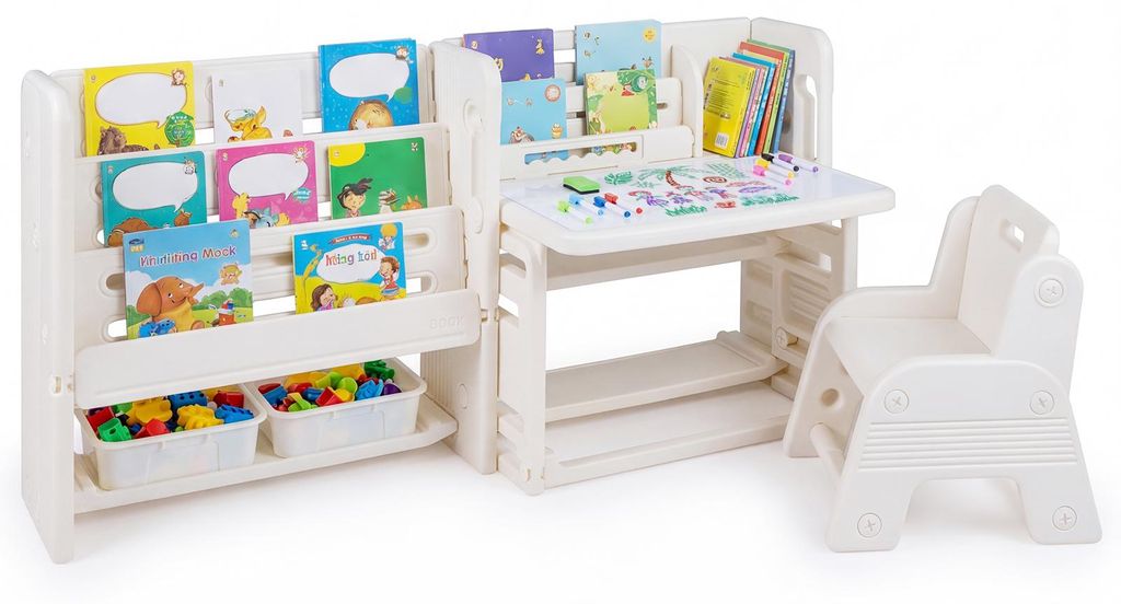 COSTWAY 4 in 1 Kindersitzgruppe, Kindertisch mit Bücherregalen, Whiteboard, 2 Aufbewahrungsboxen&neigbarer Tischplatte, Maltisch für Kinder 3+