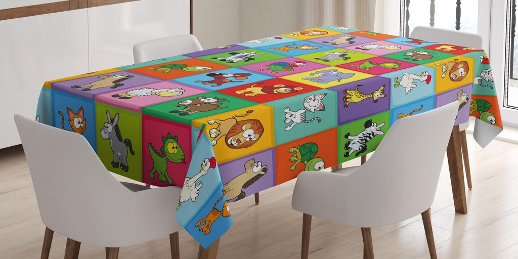ABAKUHAUS Kindergarten Tischdecke, Gruppe lustige junge Tiere in der bunten Quadrat-glücklichen Karikatur-Tier-Sammlung, 140 x 170 cm, Mehrfarbig