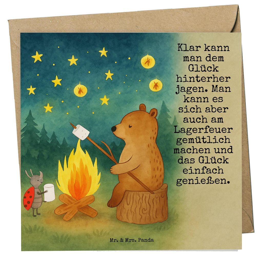 Mr. & Mrs. Panda Grußkarte Bär & Marienkäfer Lagerfeuer Design - Weiß - Geschenk, Teddy, doppelkarte, Glückwunschkarte, Klappkarte, anlasskart...