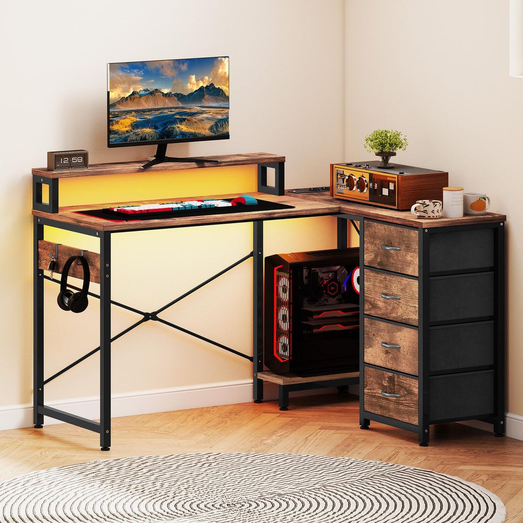 Multifunktionaler Eckschreibtisch mit 4-stufigem Ablagefach, 2 USB-Anschlüssen und Steckdosen, 130 x 100 x 75 cm