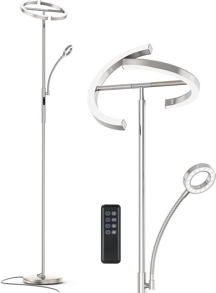 Anten LED Stehlampe Dimmbar Silber-Stehleuchte 20W mit flexibler 7W Leselampe Modern Deckenfluter mit fernbedienung 2500LM für Wohnzimmer Büro