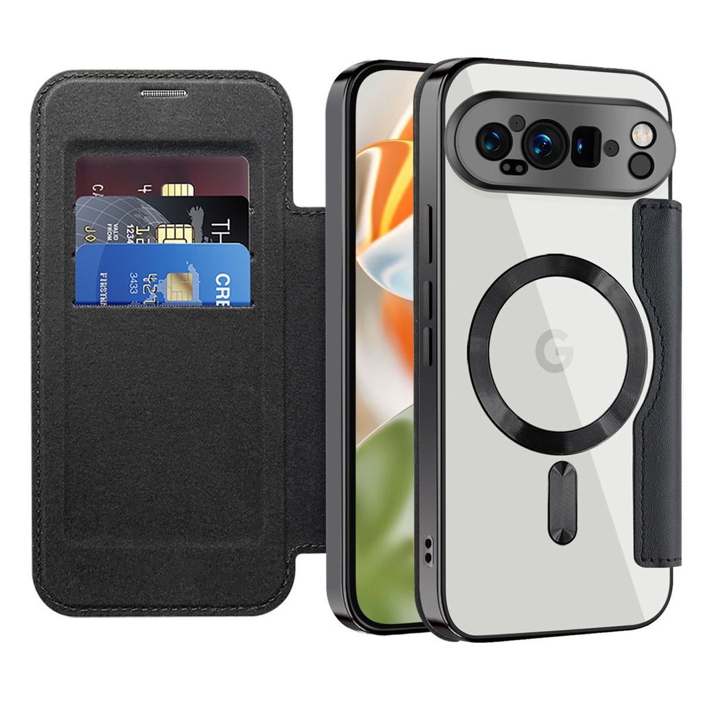 Klapphülle für Google Pixel 9 Pro XL Kompatibel mit Magsafe, Klar Überzug Kartenhalter Ledertasche mit Kameraschutz Schwarz
