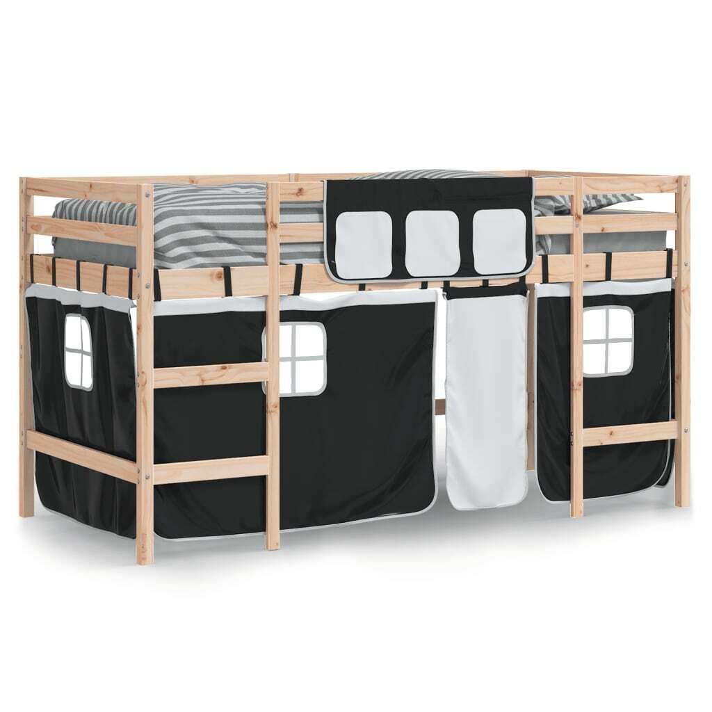 vidaXL Kinderhochbett mit Vorhängen Weiß Schwarz 90x190 cm Kiefernholz