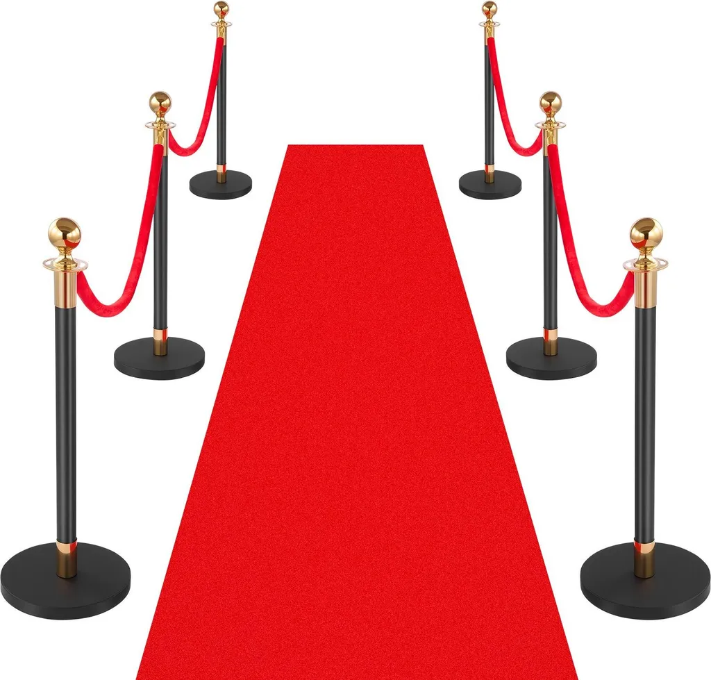 Kit 6 Poteaux de délimitation noirs avec corde velours rouge et tapis 10m