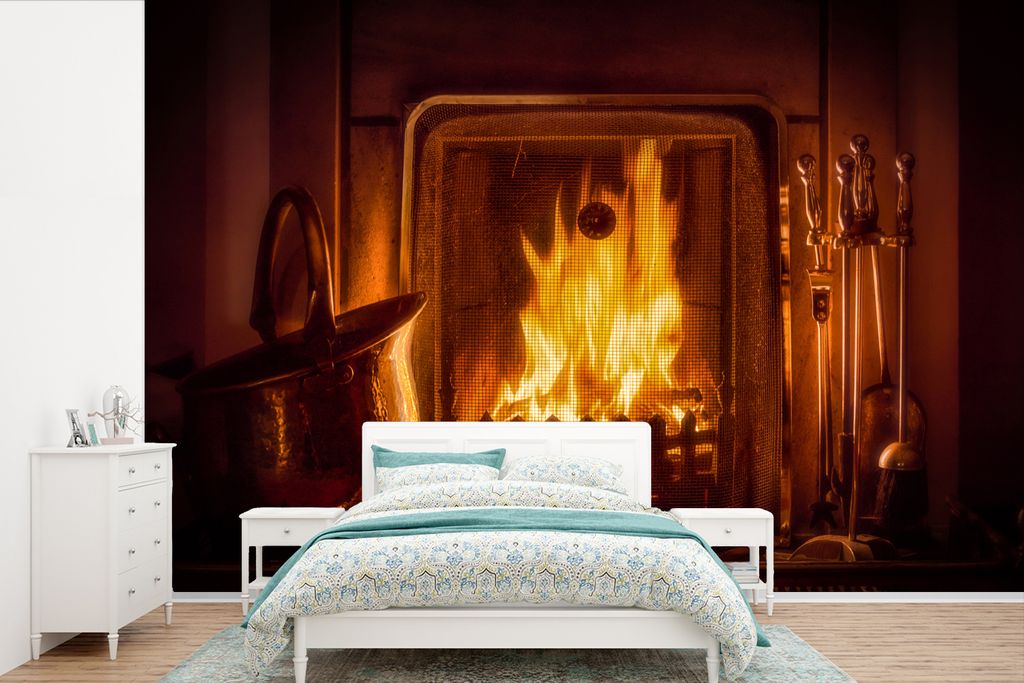 MuchoWow Fototapete für Wohnzimmer oder Schlafzimmer Wandtapete Vinyl Motivtapete Ein Kamin mit einem warmen Feuer - 525x350 cm - Das Hintergrun...