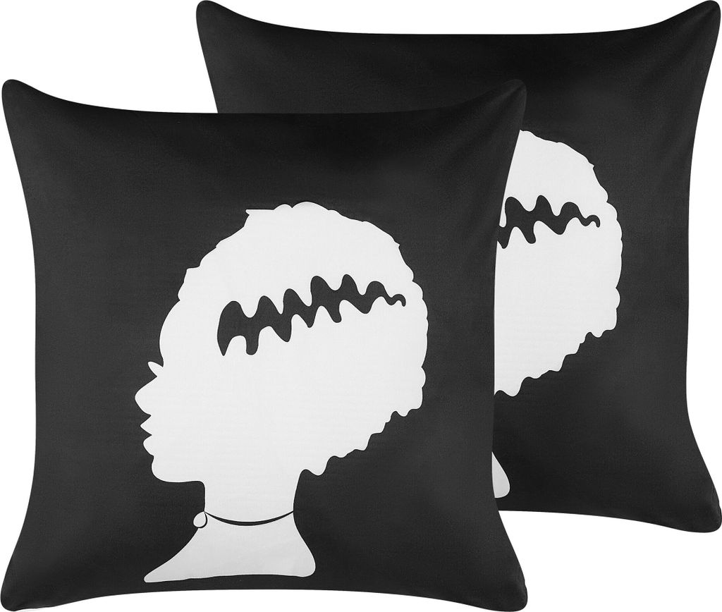 BELIANI Dekokissen Schwarz / Weiß 2er Set aus Samtstoff 45 x 45 cm mit Frankensteins Braut Muster Quadratisch Halloween Motiv Wohnzimmer Accessoires