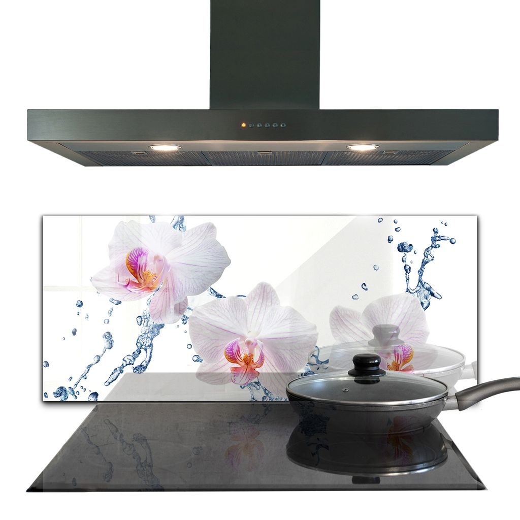 Spritzschutz aus Glas Küchenrückwand - Wandschutz für Herd und Spüle - 125x50 cm - Wasserbetaute Orchidee