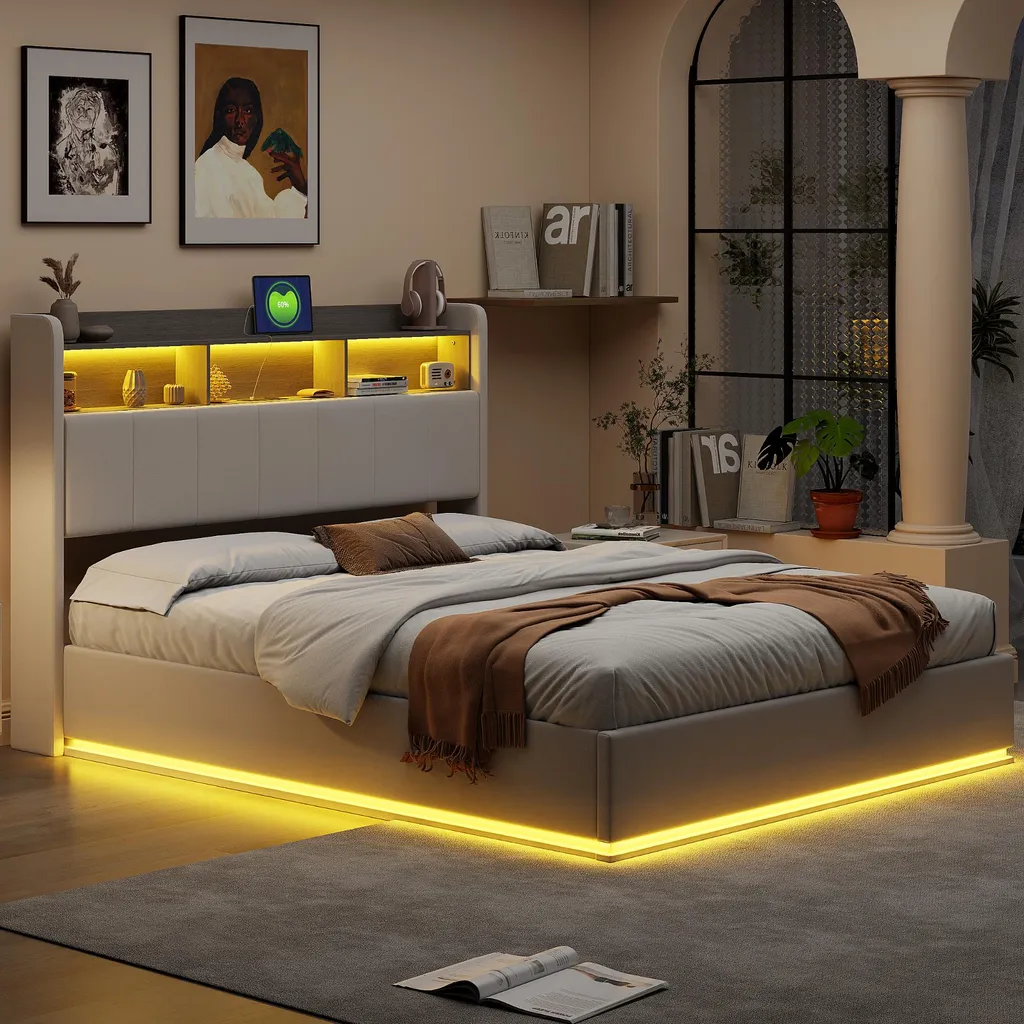 Lit LED 160x200 Blanc en Velours avec Rangement et Design Élégant